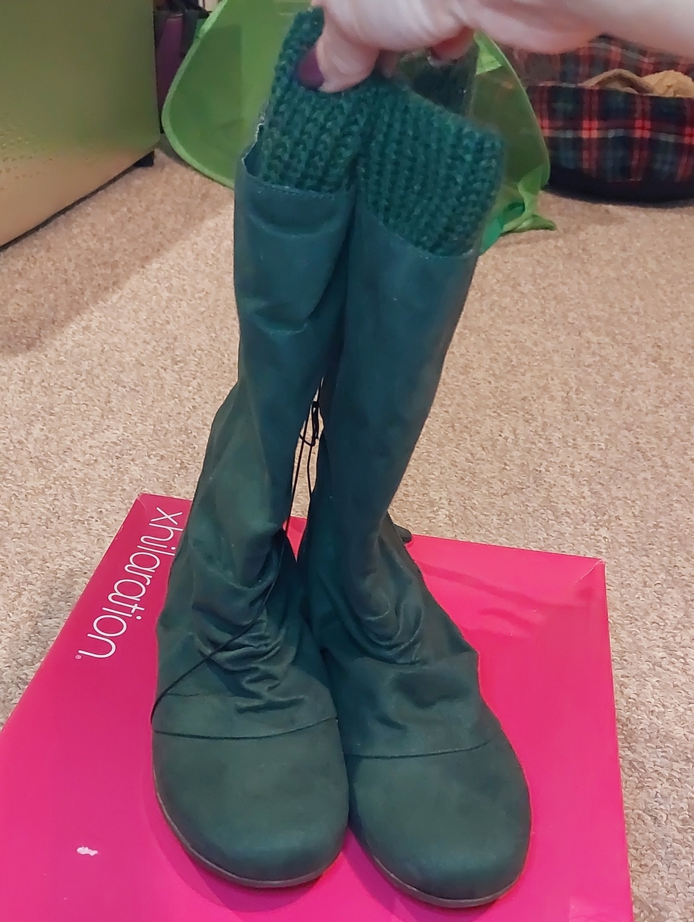 Hunter Green Faux Suede Boots With Tie And Sweater  Detail